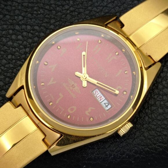 Vintage 1987 Arabic Citizen Automatic Mens Gold Watch W/daydate & Red accents - Picture 6 of 10